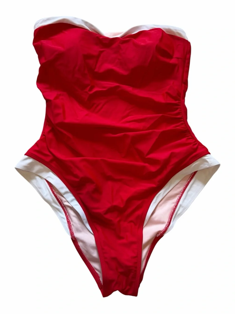 Red Strapless One-Piece Swimsuit with White Trim